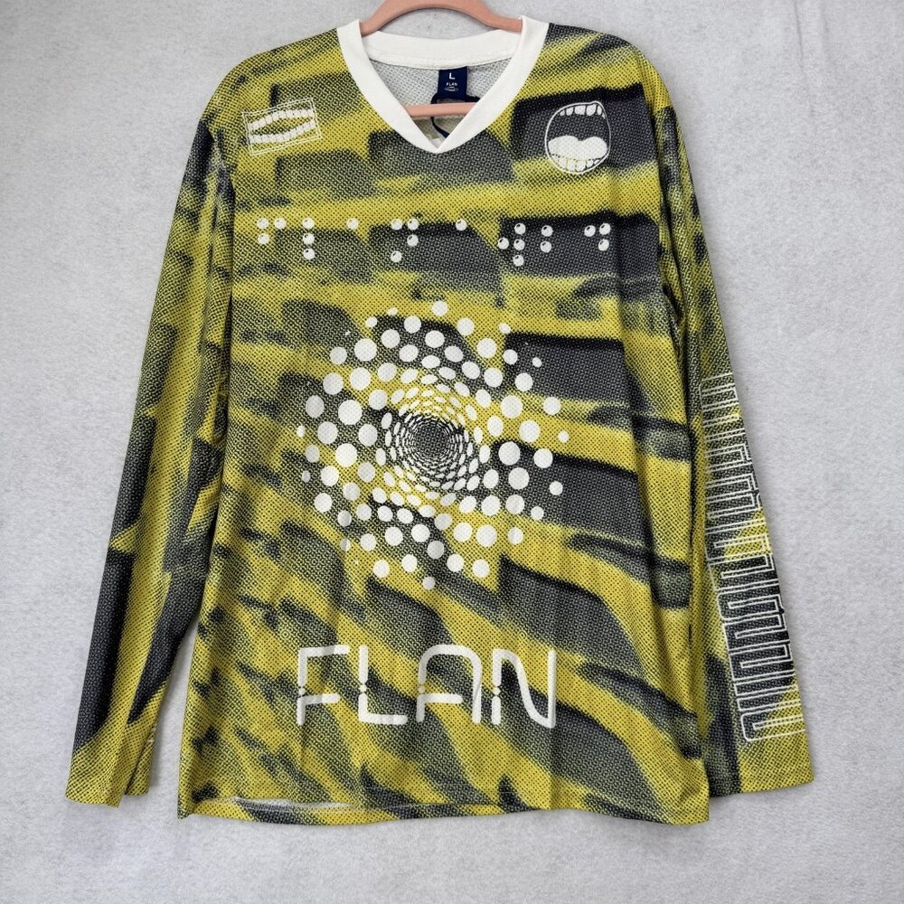 FLAN Shirt Mens Large Yellow Black Long Sleeve Graphic Mesh Jersey Futuristic